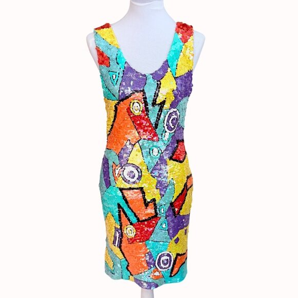Retro 80s Sequin Abstract Dress Bodycon Size XS Bold Glam Party By Daval Designs - Picture 1 of 16